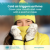 A picture of a woman wearing winter clothing with a caption that says: Cold air triggers asthma. Cover your mouth and nose with a scarf or mask.: A picture of a woman wearing winter clothing with a caption that says: Cold air triggers asthma. Cover your mouth and nose with a scarf or mask.