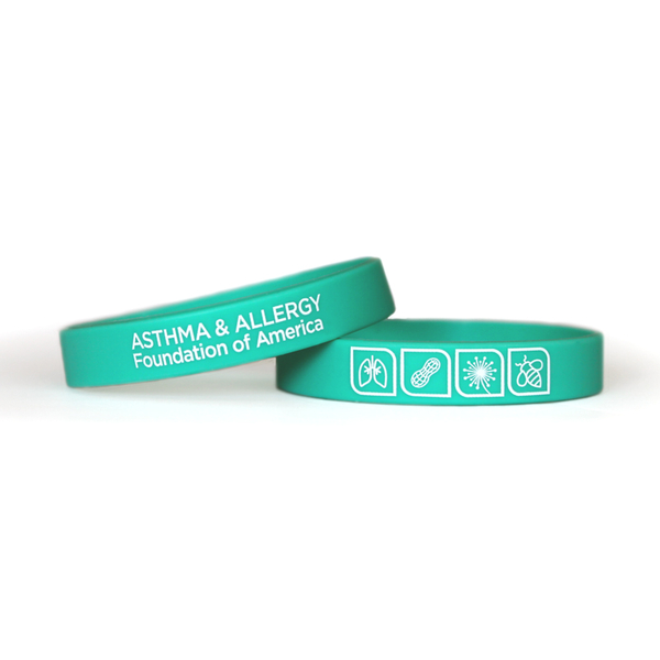 Two teal silicone bracelets that say: Kids With Food Allergies