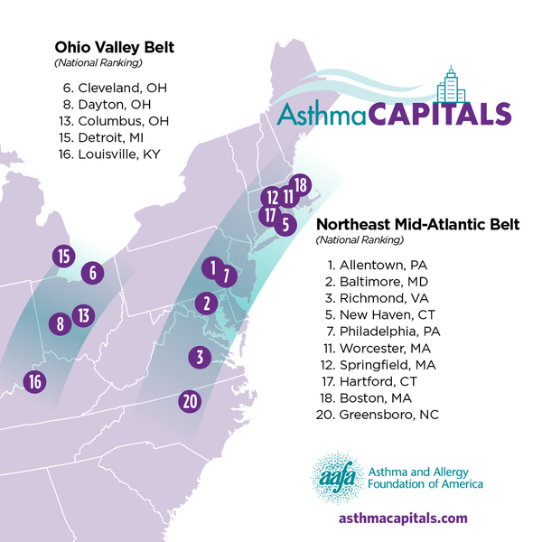 A map with top cities in the Asthma and Allergy Foundation's 2021 Asthma Capitals report