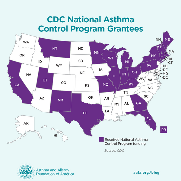 Map of states that receive funding from the CDC's National Asthma Control Program