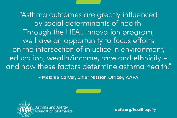 A graphics with a quote about health equity from the Asthma and Allergy Foundation of America